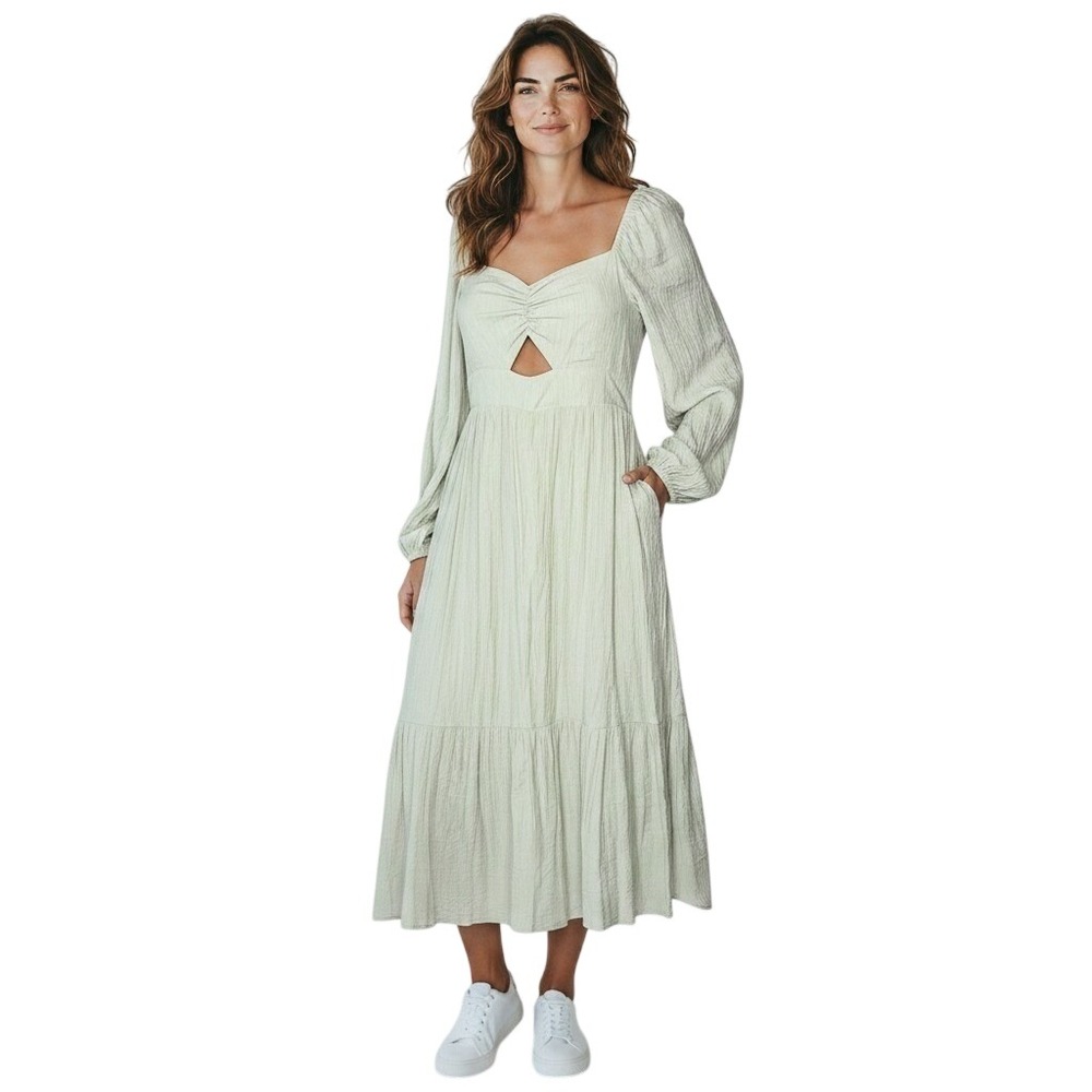 Lucy Paris Dress Large Sage Green Cutout Smocked Tiered Midi Long Sleeve Pockets